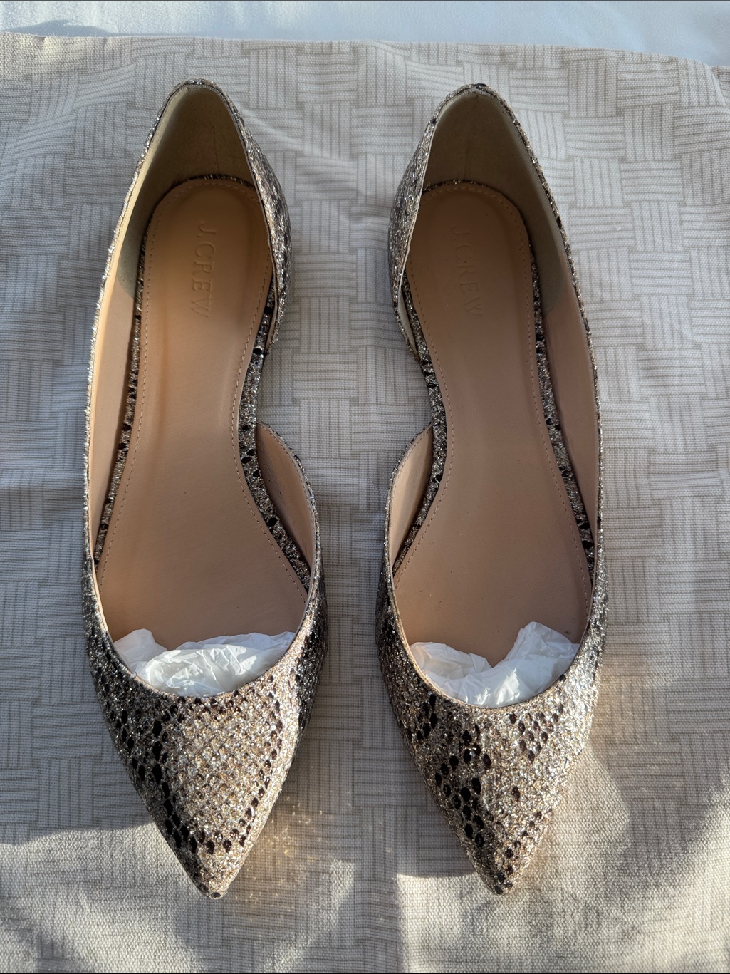 Nwt- J. Crew Metallic Snake-Print Pointed Toe Flats - Silver Champagne